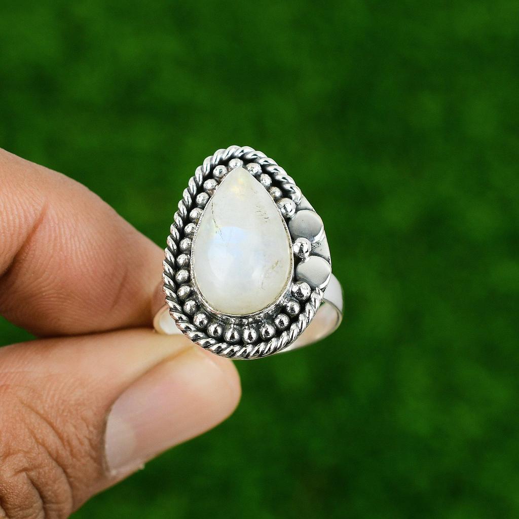 925 Sterling Silver Crown Chakra Rainbow Moonstone Stone Statement Sister Ring