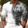 Men's Long Sleeve Polo Shirt with Tiger Print, Stylish Casual Top