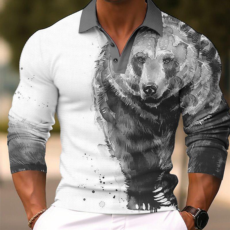 Men's Long Sleeve Polo Shirt with Tiger Print, Stylish Casual Top