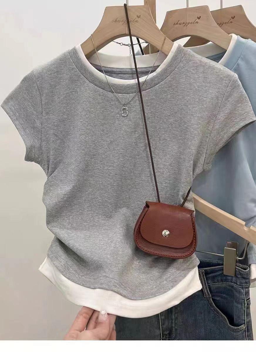 Blue and white contrasting color splicing round neck front shoulder fake two-piece short-sleeved T-shirt women s pleated waist slim-fitting short top S серый