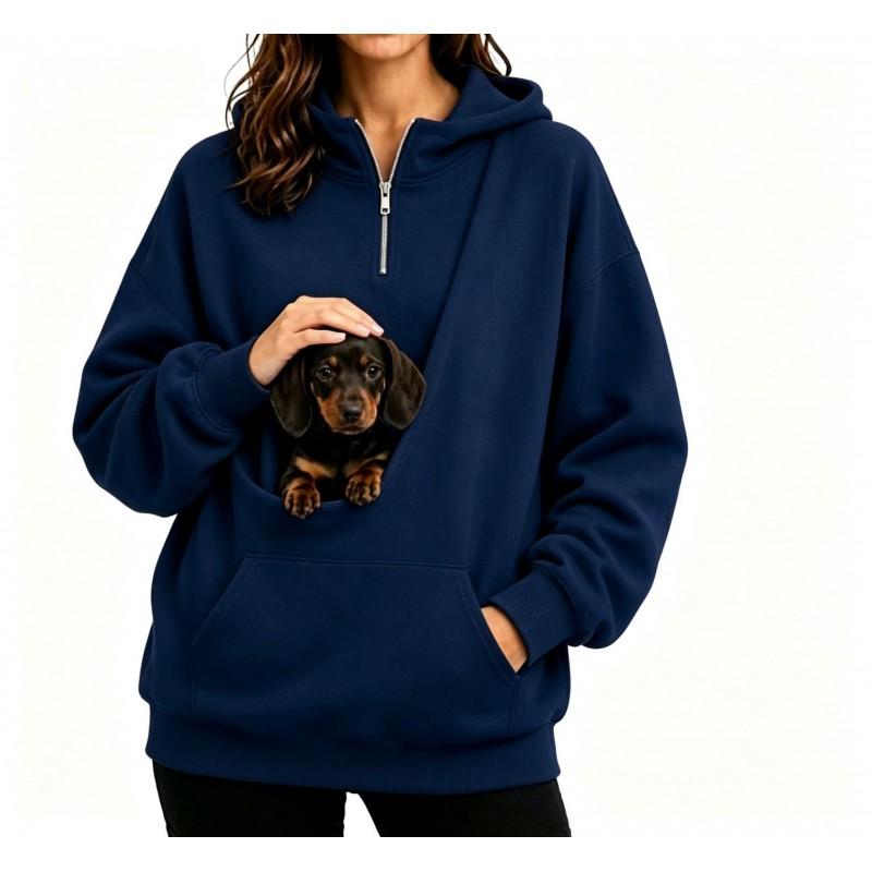 Womens Half-Zip Hooded Sweatshirt With Pet Pocket Loose Fit Fall Winter Top Small Dogs