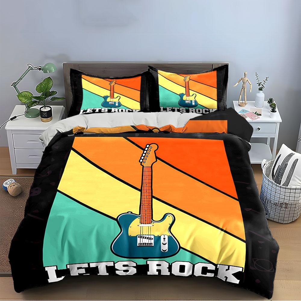 Retro Guitar "Lets Rock" Design Bedding Duvet Cover Set Duvet Cover Pillowcases (1*Duvet Cover 2*Pillowcases, Without Duvet Insert)