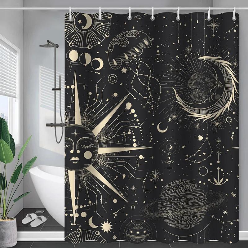 Sun And Moon Boho Mandala Printed Shower Curtain Black And White Celestial Shower Curtain Bathroom Decoration Bathtub Screen