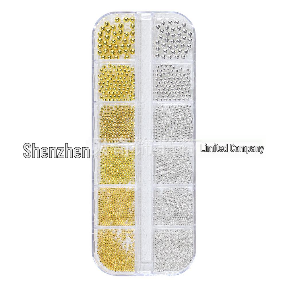 12-Grid Nail Art Box: Mixed Gold & Silver Steel Beads for Nail & Phone Decoration