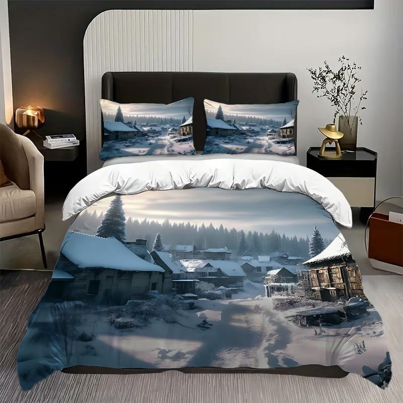 Snow Hut Forest 3D Printed Quilt Cover Set Rustic Natural Style Duvet Cover Set Soft Comfortable Luxury Bedding Set Pillowcases