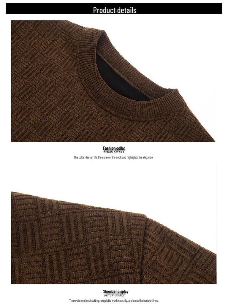 Men's Fleece-lined Jacquard Sweater - Winter Warmth, Round Neck Solid Color Knitwear.