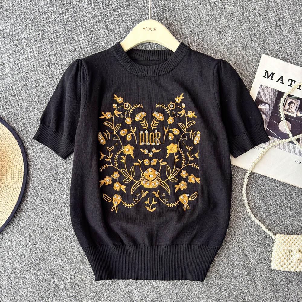 Summer Women O-neck Designer Embroidery Flower Beading Diamonds Knitted Sweater Pullover Tops Tshirt