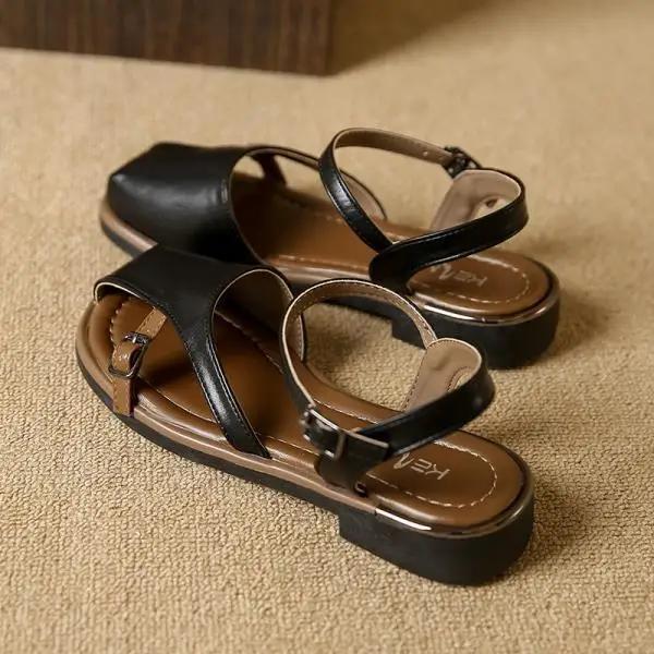 Beige Heeled Sandals Buckle Strap Comfort Shoes for Women 2025 Summer Black Flat Clear Low Fashion New Closed Girls Fretwork Cas