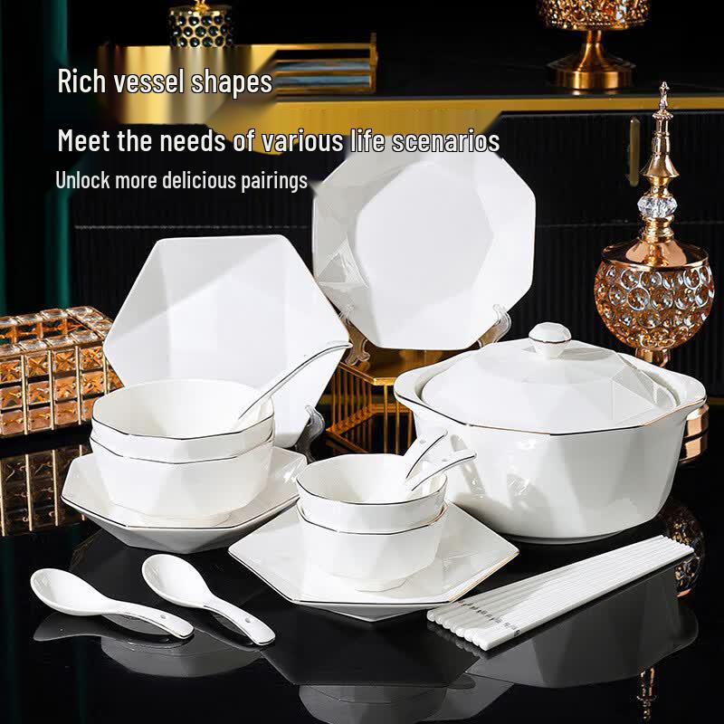 Minimalist Gold Rim Diamond Ceramic Dinnerware Set