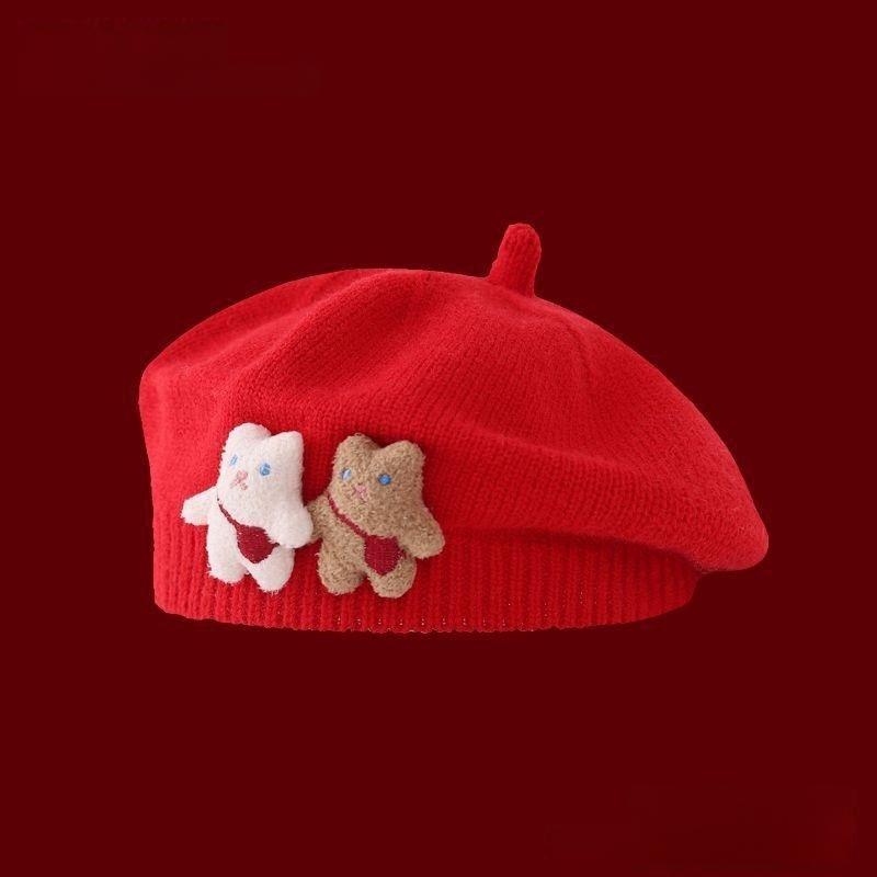 1 szt. Uroczy pasek miś ciepła czapka beanie jednolity kolor dzianinowy beret dla dzieci dziewcząt jesień zima artysta malarz czapki