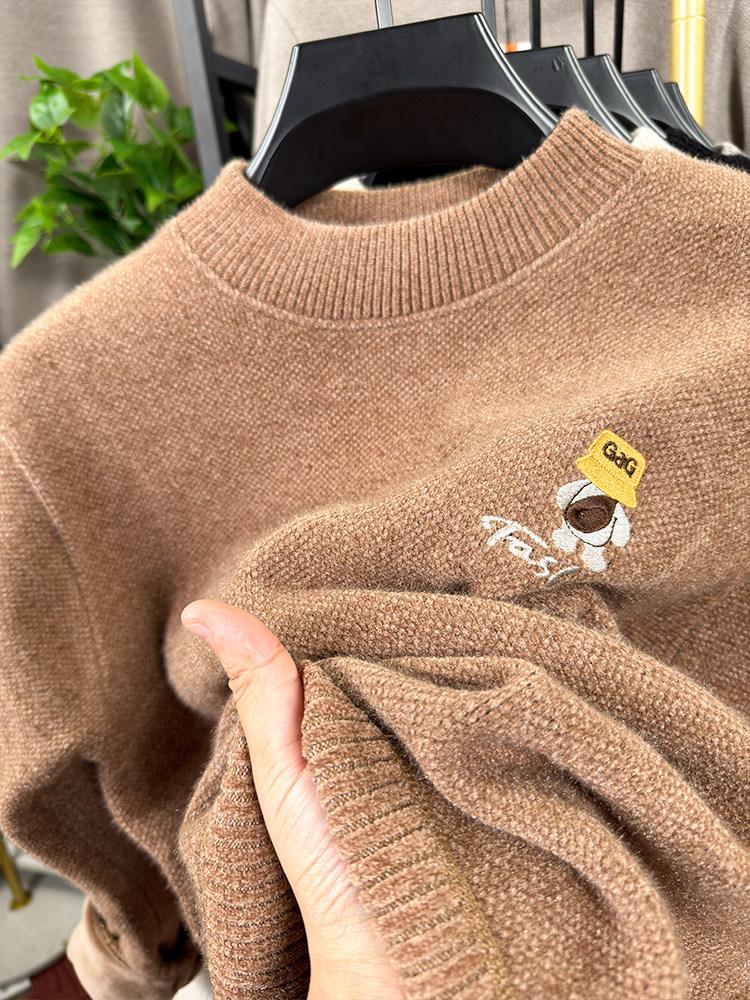 Men's Anti-Pilling Sweater with Fleece, Half-High Collar, New Embroidery, and Warm Knit Base Layer