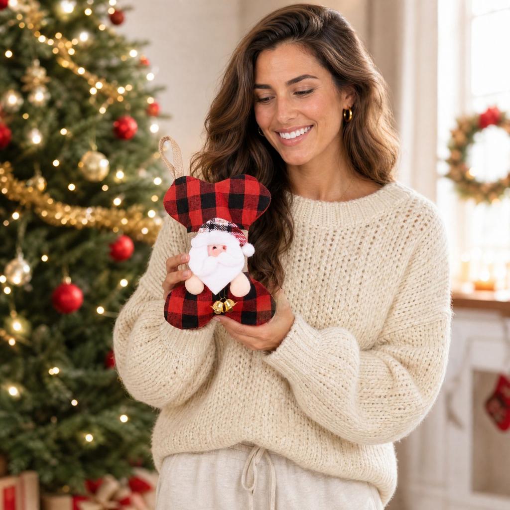 Plaid Fabric -Shaped Pet Christmas Stocking, Hanging Gift Bag for Holiday Decor