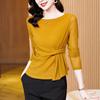 Women's Boat Neck Mesh Long Sleeve T-Shirt Solid Color Waist Ruched Slim Fit Elegant Basic Layering Top For Autumn