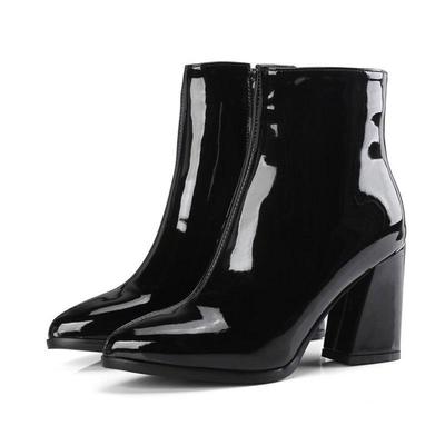 Botki na wysokim obcasie dla kobiet 7cm kwadratowy obcas botki seksowne okrągły nosek skórzane zapinane na zamek damskie krótkie buty buty do crossdressingu