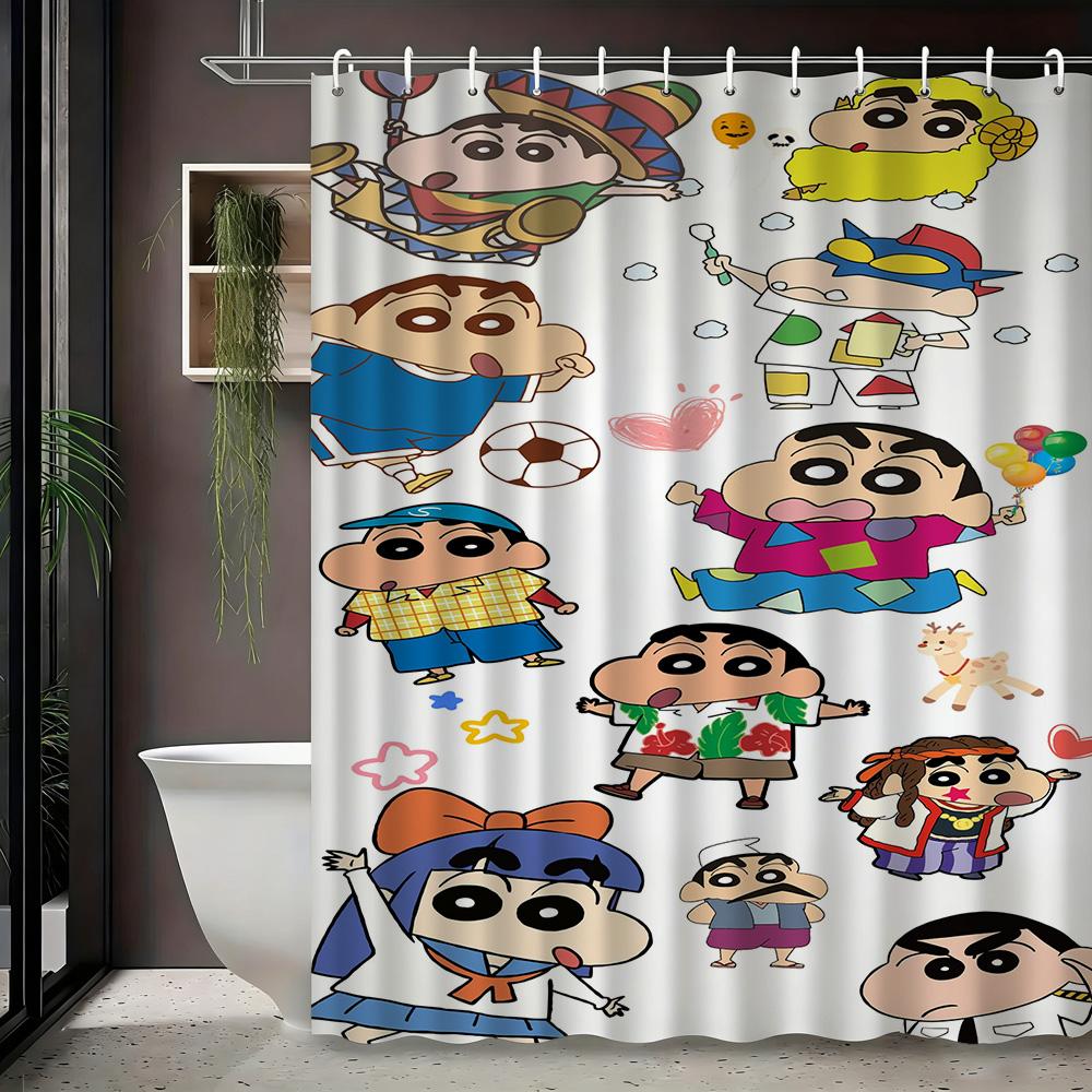 Crayon Shin-Chan & Friends & Shiro Night Forest Firefly Adventure Scene 2D Print Waterproof Shower Curtain, Mysterious Purple &