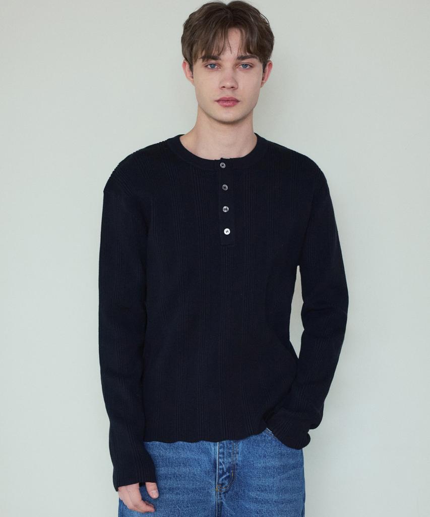 Wednesday Oasis Always Ribbed Henley Neck Washable Knit_Black(Wc25_Kn04)