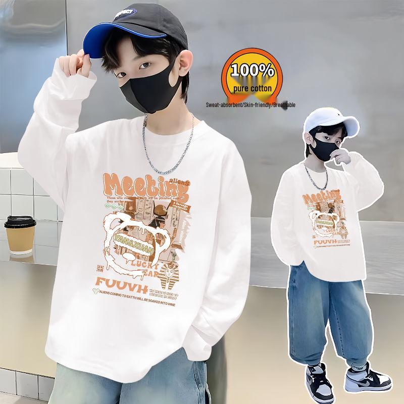Trendiges Herbst-Baumwoll-Langarmshirt für Jungen - Lässiger lockerer Schnitt mit stylischem Buchstabenaufdruck