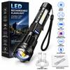 Red Blue Warning Light LED Flashlight USB C Charging Zoomable Flashlight  Outdoor Camping