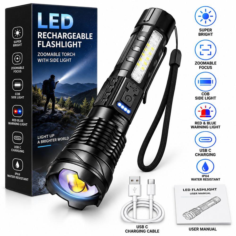 Red Blue Warning Light LED Flashlight USB C Charging Zoomable Flashlight  Outdoor Camping