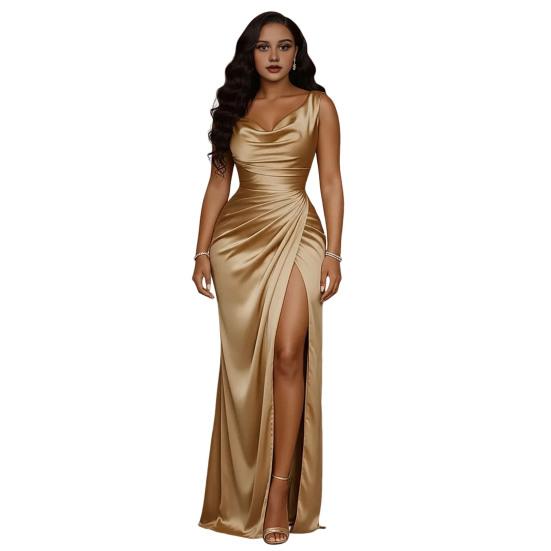 

Women s Satin Ruched High Slit Bodycon Maxi Dress Sexy Sleeveless Cocktail Party Wedding Guest Dress Formal Prom Evening Gown XL