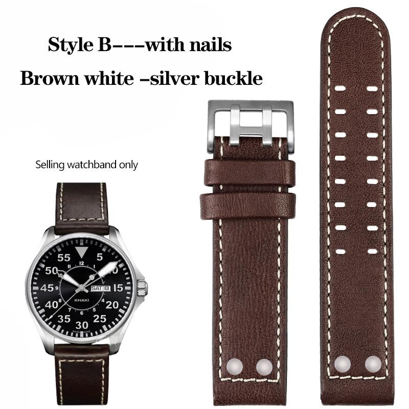 20mm 22mm Genuine Leather with Nails Watchband For Hamilton Khaki H77616533 H70615733 Series Men's Watch Band Strap Wristband