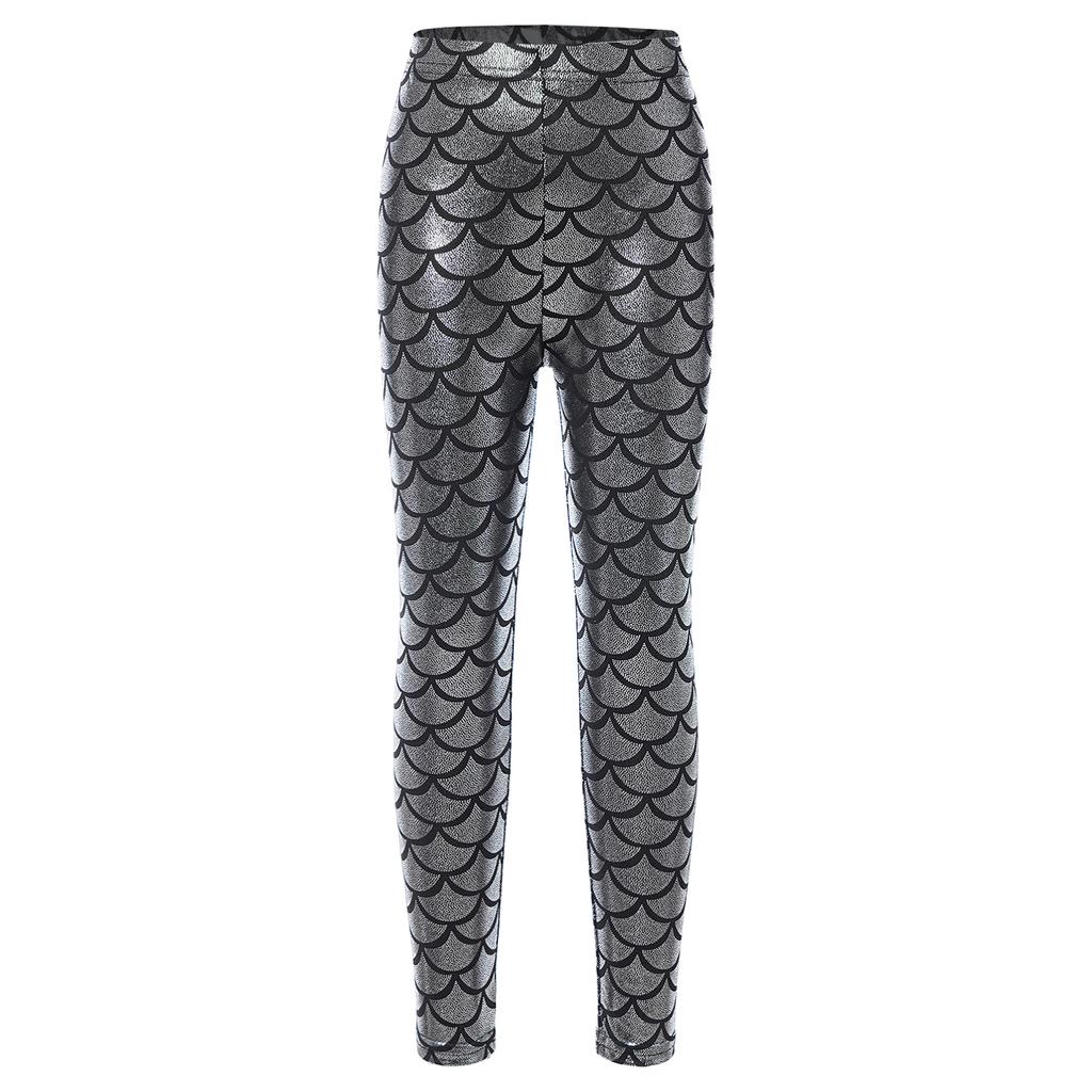 Girls Elastic Waistband Fish Scale Print Bright Leggings Shiny Stretchy Pants