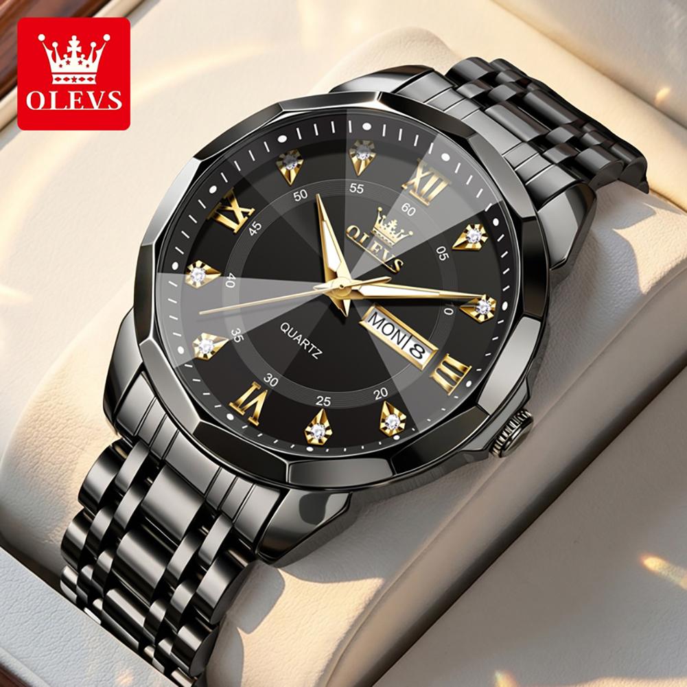 OLEVS Watch for Men Solid Steel Strap Fashion Rhombus Mirror Dual Calendar Business Men's Wristwatch Original Quartz Watch 3759