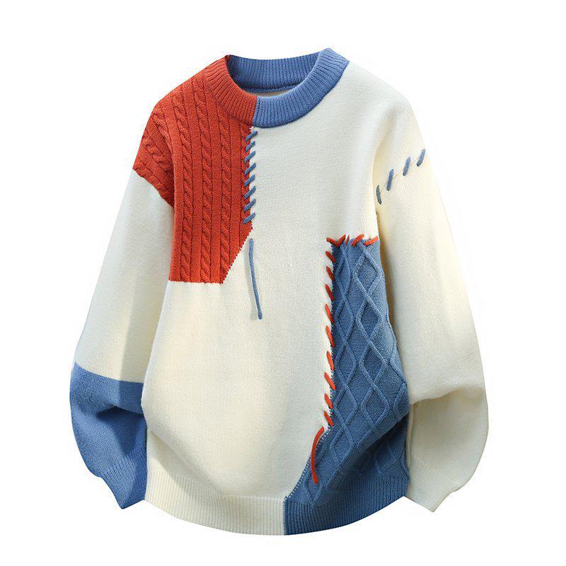 

A/W 2025 Color Block Knit Sweater - Casual Couple s Round Neck Top 3XL помаранчевий