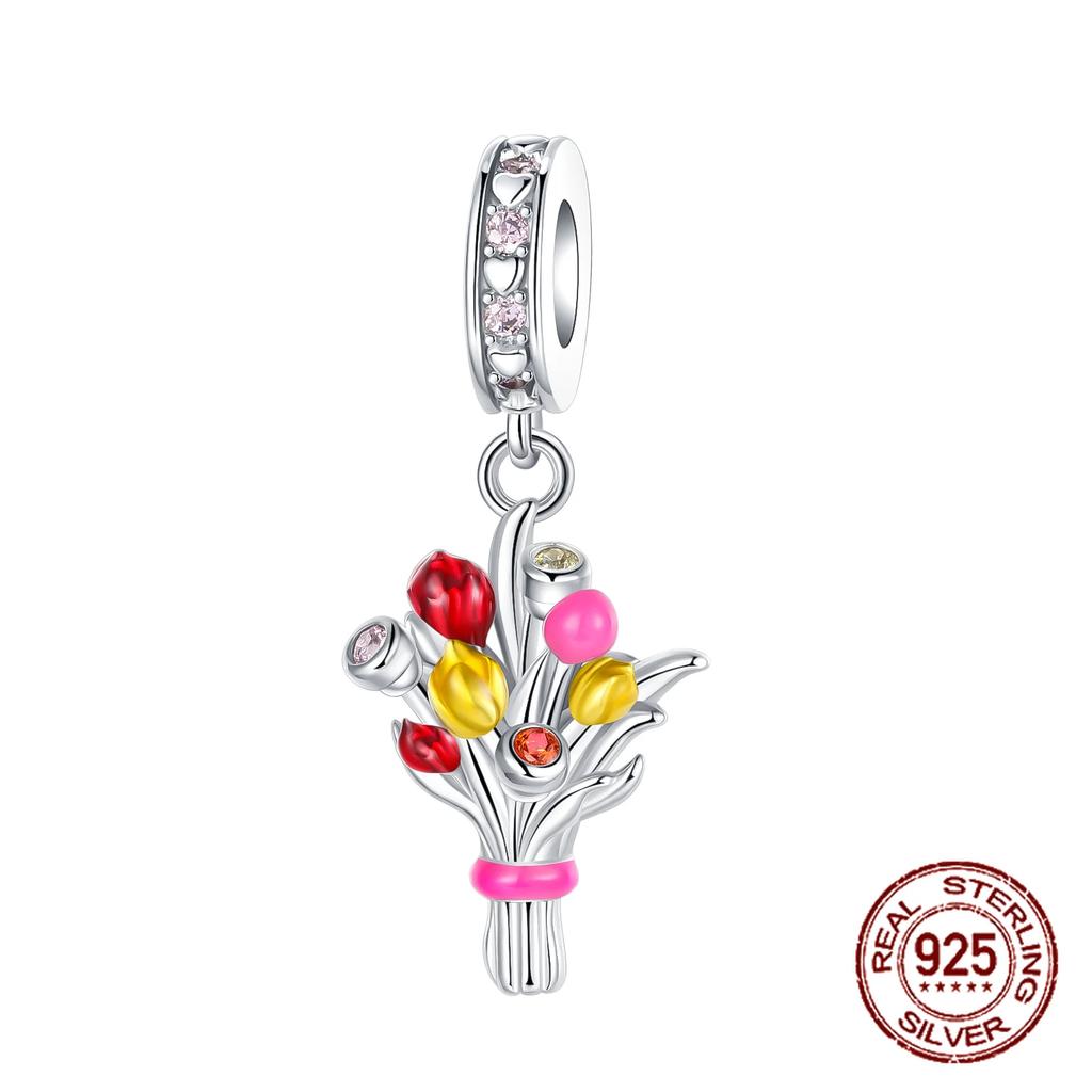 Copper Flower Birthday Gift Pendant Charms Beads Fit Original Bracelets Fine Diy Jewelry For Women Gift