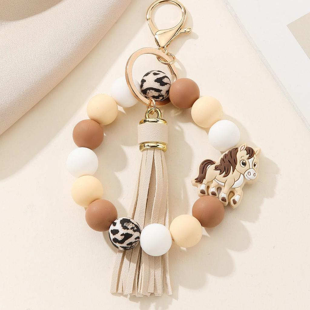 European & American Monogram Silicone and Wood Beads Tassel Keychain Bracelet