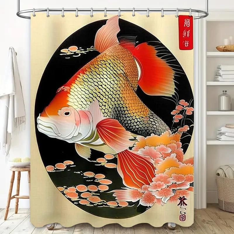Decorative Fish Shower Curtain Premium Printed Bath Decor with White Orchid Blossoms for a Relaxing Spa Experience