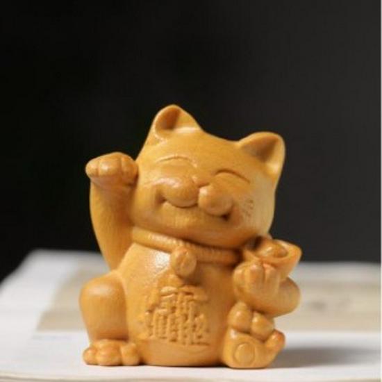 Golden Sandalwood Lucky Cat Ornament: Wenge Wood Desktop Decoration, Creative Carving, Handheld Shelf Display