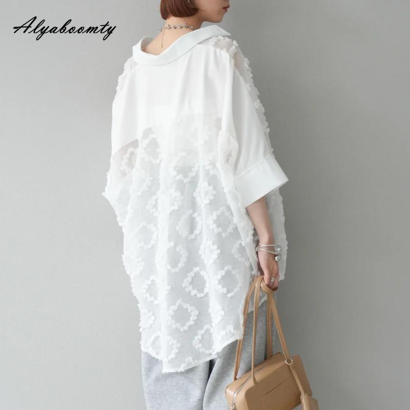 Korean Fashion Summer Spring Women Cardigan Turn-Down Collar White Black Oversized Lace Blouse Delicate Elegant Ladies' Thin Outerwear