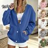 Fall Winter Casual Jacket Women Button Front V-Neck Cardigan, Solid Color Oversized Sweatshirt with Top Dual Pockets, Long Sleeve for Cardigan
