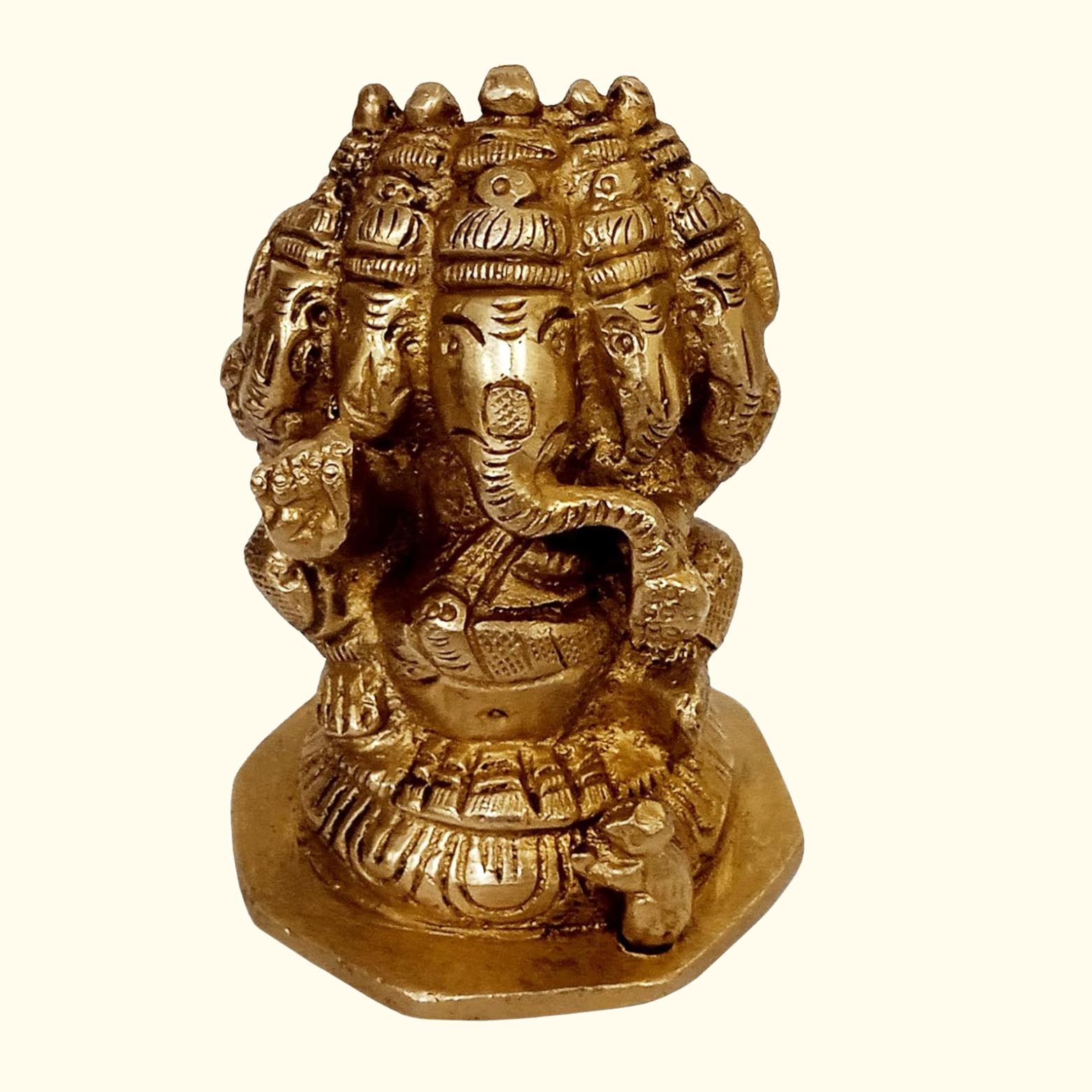 Идол из чистой латуни, статуя Панчмукхи Ганеши Ганапати для домашнего храма, золотой