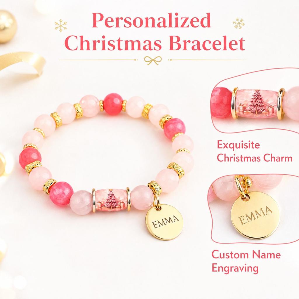 Personalized Custom Engraved Christmas Theme Bracelet with and Natural, Holiday Jewelry Gift