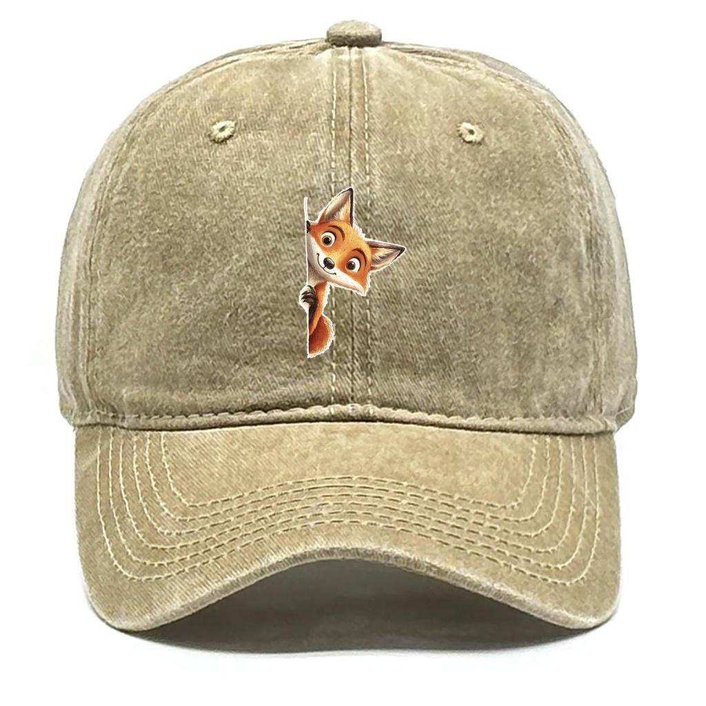 Fox Peeping Print Snapback Sun Hat, Animal Flat Cap Vintage-Inspired Sun Protective Leisure Washed Adjustable Baseball Cap