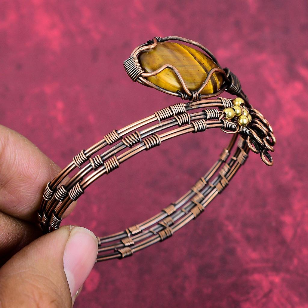 Tiger's eye bangle copper wire wrapped bangle handmade cuff bracelet tiger's eye natural gemstone jewelry adjustable bangle gifts for mother