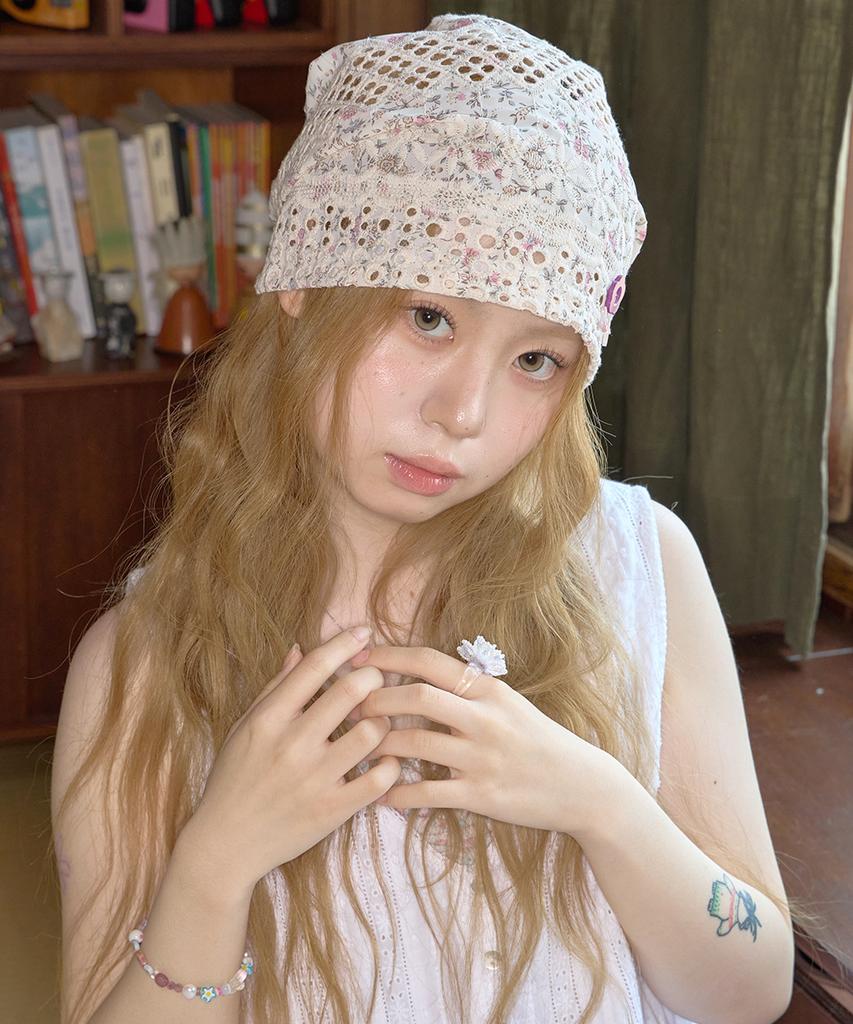 Kiibi Floral Button Beanie Ivory