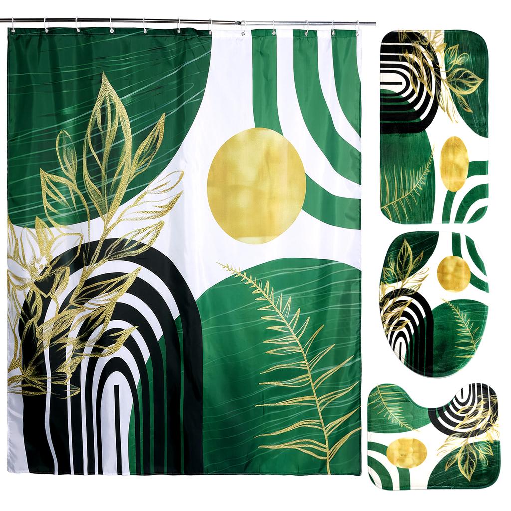 4 Pcs Set Vintage Bath Curtain with Hooks and Rugs Bath Mat U Shape Toilet Lid Cover Mat Waterproof Non Slip for Multiscene