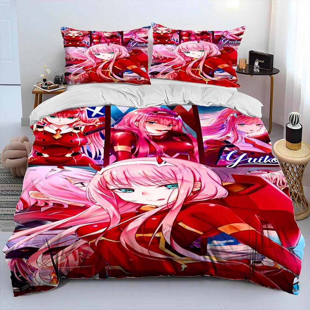 Zero Two DARLING In The FRANXX Anime Comforter Bedding Set,Duvet Cover Bed Set Quilt Cover Pillowcase,Queen Size Bedding Set Kid
