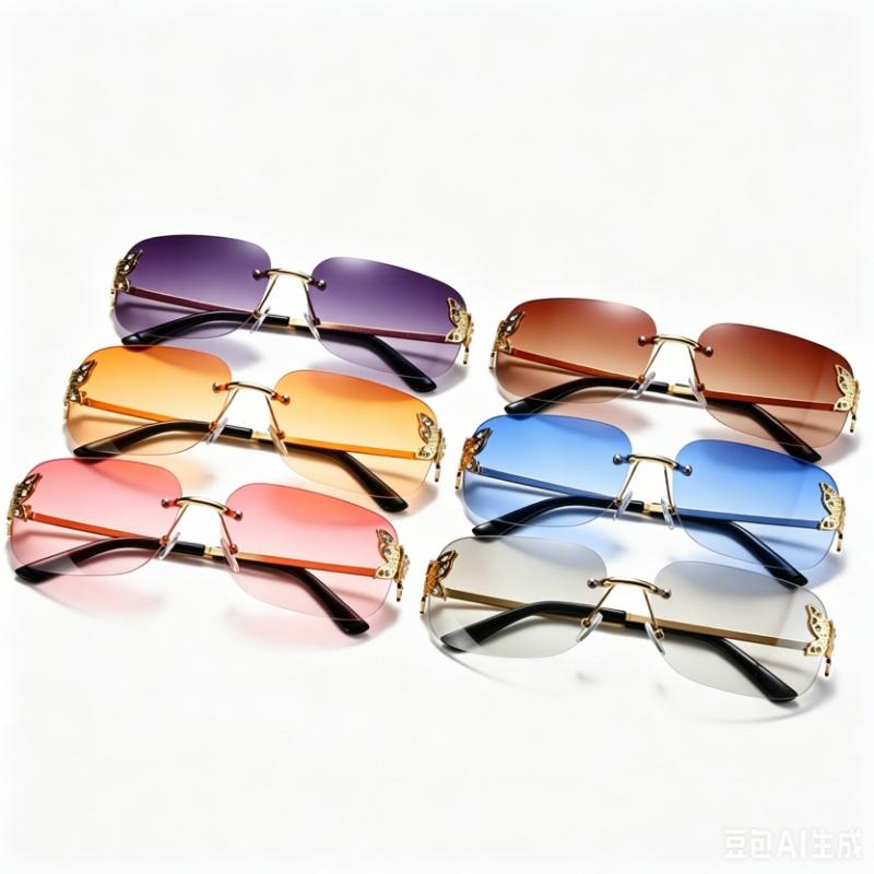 2026 New Rimless Rectangular Butterfly Sunglasses Retro Metal Frame Women’s Street Style Diamond-Encrusted UV400 Shades Eyewear