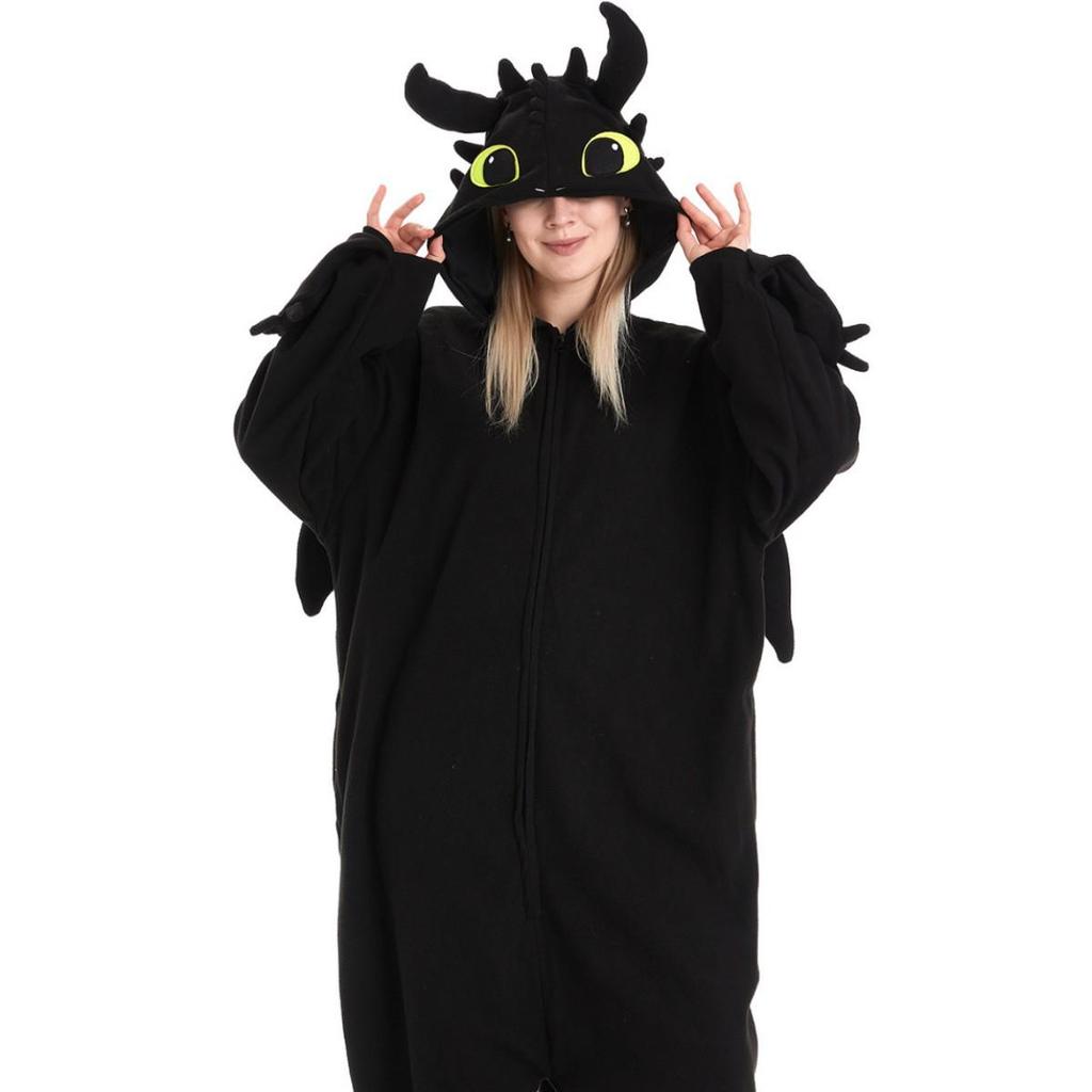 Black & White Dragon Cartoon Onesie Pajamas, Couple Style, Medium-Thick, Plus Size Homewear.