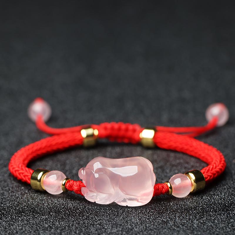 Pink Crystal Zodiac Bracelet: Rose Quartz, Red String Weave, Pig, Ox, Rat, Rabbit Charm - Perfect Gift for Girlfriend or Bestie
