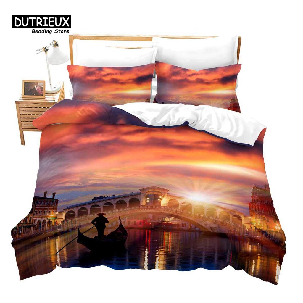 Romantic European Town Bedding Set Cityscape Duvet Cover Set Night Scenery Tower Comforter Cover Ship Bed Cover Twin King Size