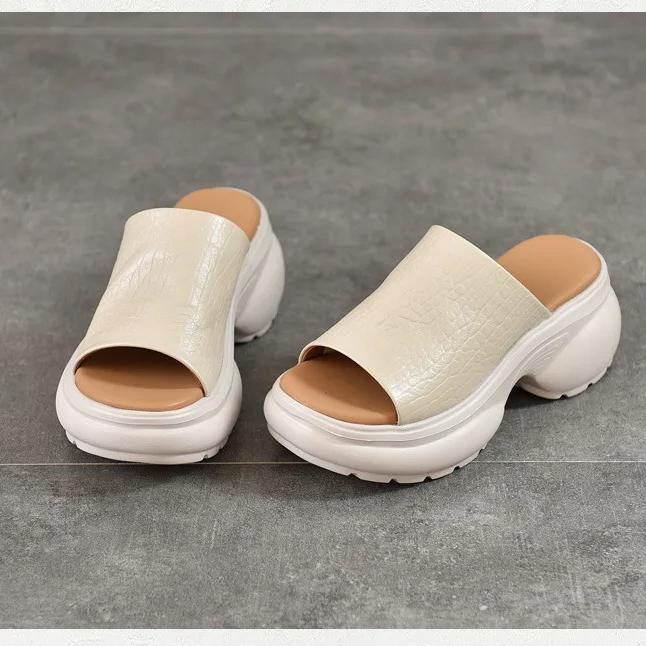 Johnature Women's Thick Soled High-heeled Peep Toed Slippers Genuine Leather Platform Sandals