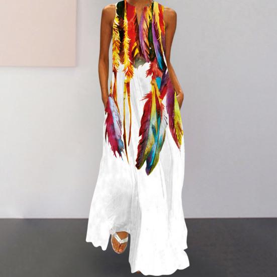 Summer Dress V-neck Sleeveless Floral Print Loose Hem Full Length Dressing Up Thin Women Floral Print A-Line Vest Maxi Dress Daily Clothing