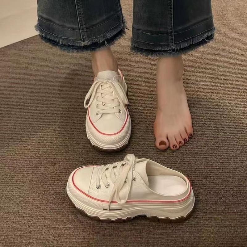 Canvas Half Slippers Women's Spring and Summer New Thick-soled One-pedal Women's Shoes Round Head Student Lazy Leisure Board