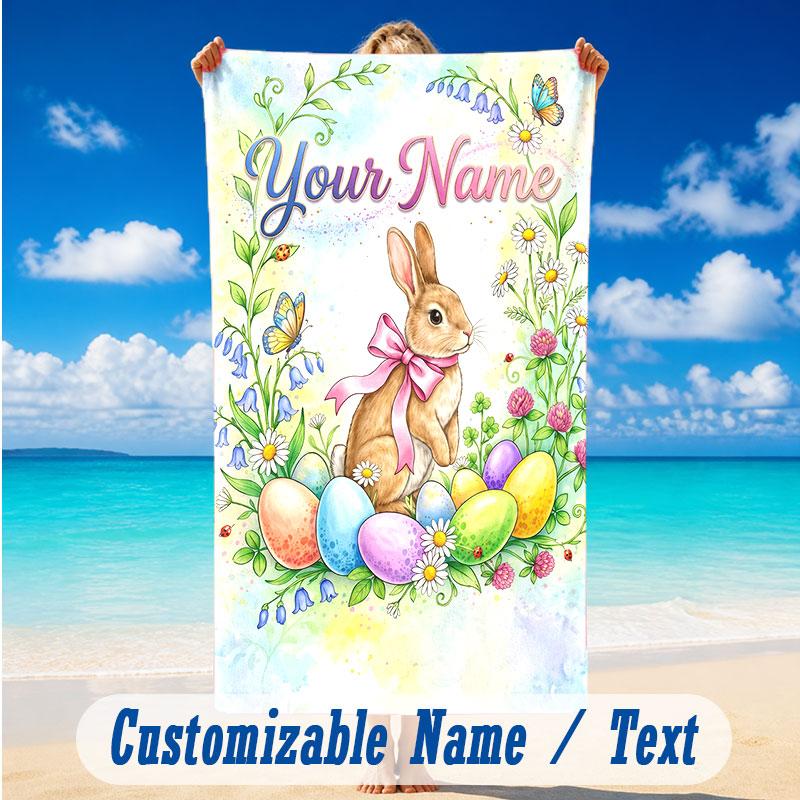 Easter Bunny Theme Beach Towel Personalized Custom Name & Text Soft Quick Dry Beach Towel for Swimming Travel