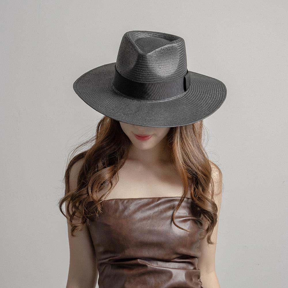 Spring and Summer New Fashion Casual Hand-woven Papyrus Crown Top Big-brimmed Jazz Hat, Webbing Decoration Outdoor Sunshade Straw Hat